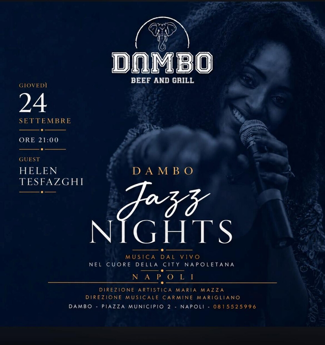 Locandina di Dambo Jazz Nights: giovedì 24 settembre alle 21, ospite Helen Tesfazghi, con una cantante al microfono su fondo blu notte